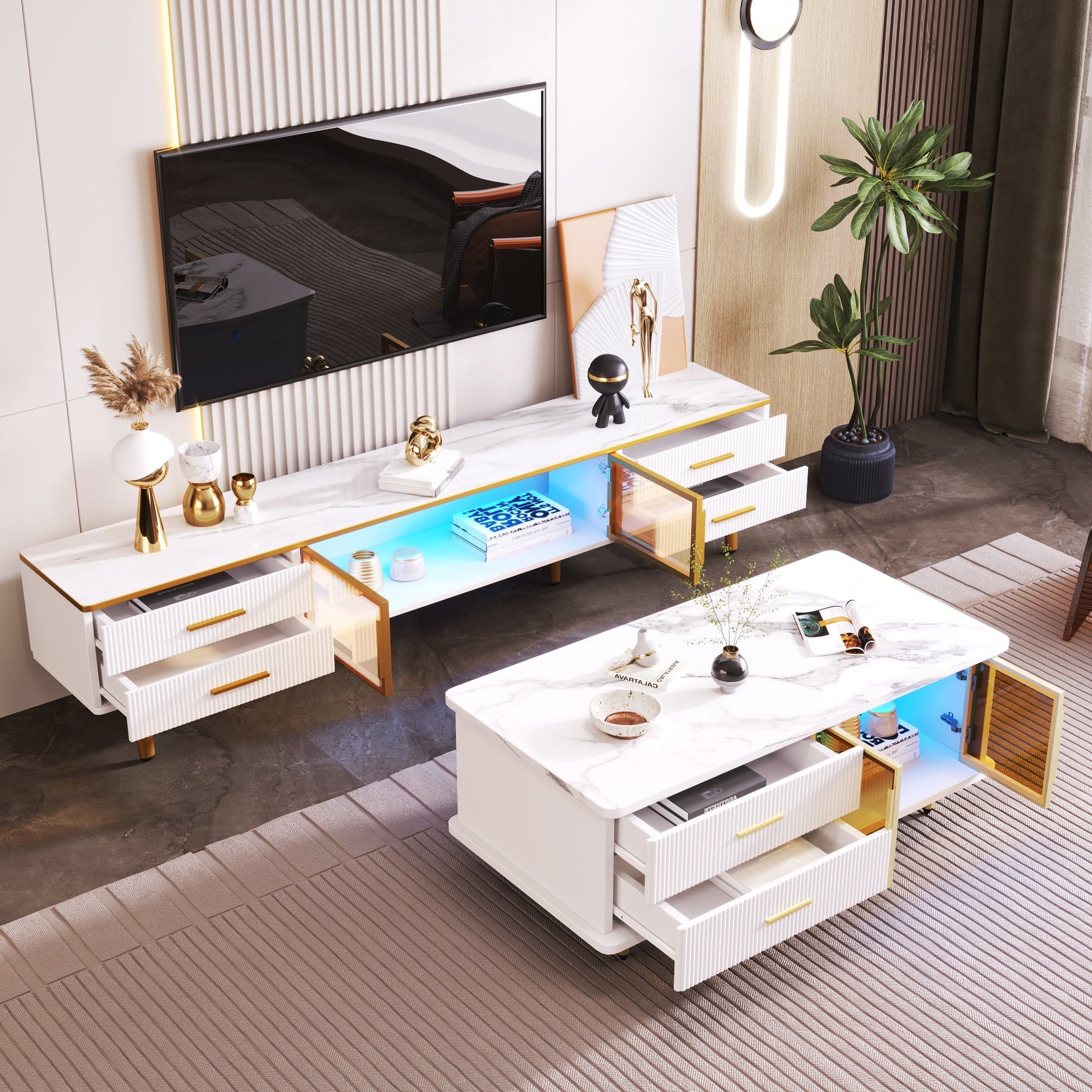 TV Cabinet, 4-Drawer, 2-Door Lowboard, Marble Look with Brown Tempered Glass