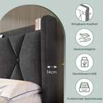 Upholstered Bed with USB Headboard & 4 Drawers, 140x200cm Storage, Wood Slatted Frame, Gray
