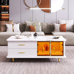 Coffee Table, TV Cabinet, Modular Living Room Furniture with Tempered Glass Door, Aluminum Alloy Frame, Wave Texture Drawers, Gold Handles and Legs, Marble Texture Tabletop