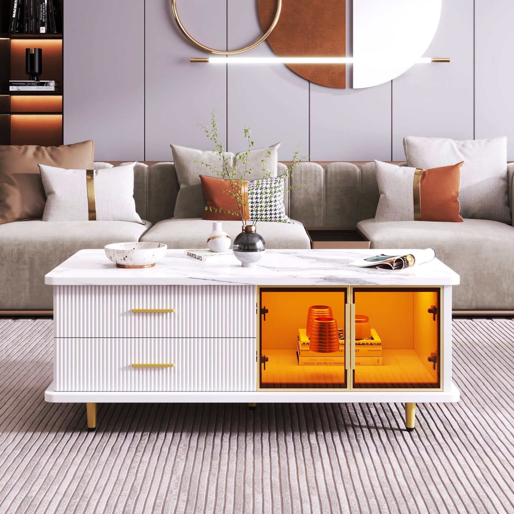 Coffee Table, TV Cabinet, Modular Living Room Furniture with Tempered Glass Door, Aluminum Alloy Frame, Wave Texture Drawers, Gold Handles and Legs, Marble Texture Tabletop
