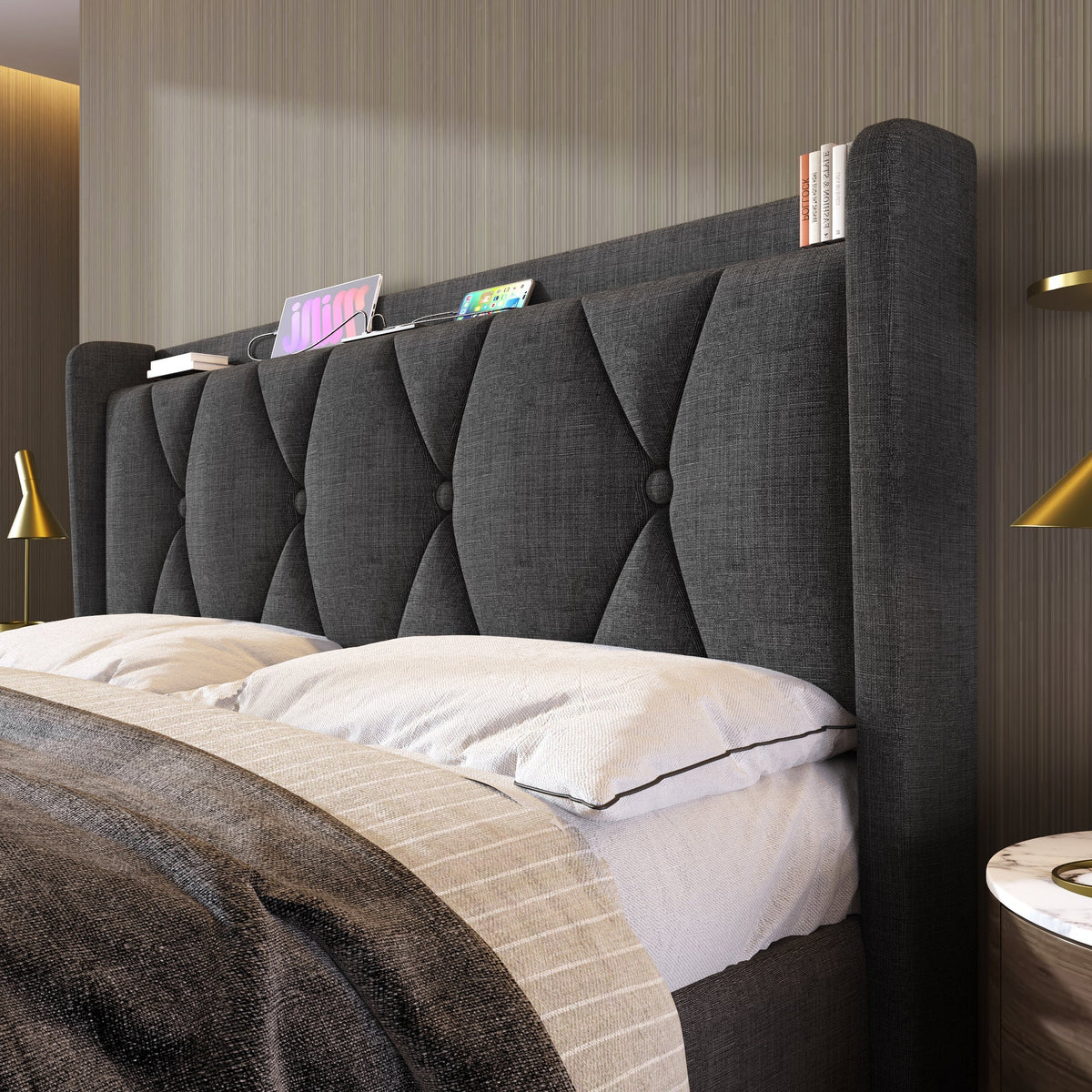 AB20485152G Upholstered Bed with USB Charging, 4 Drawers and Slatted Base, 160x200cm, Grey Linen