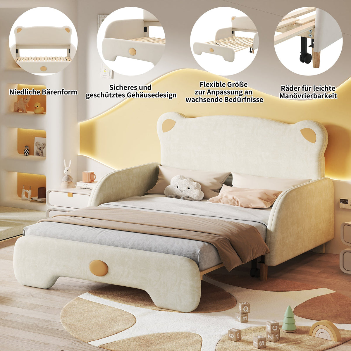 Bear Double Bed, Upholstered Children's Day Pull-out Bed, Velvet Beige