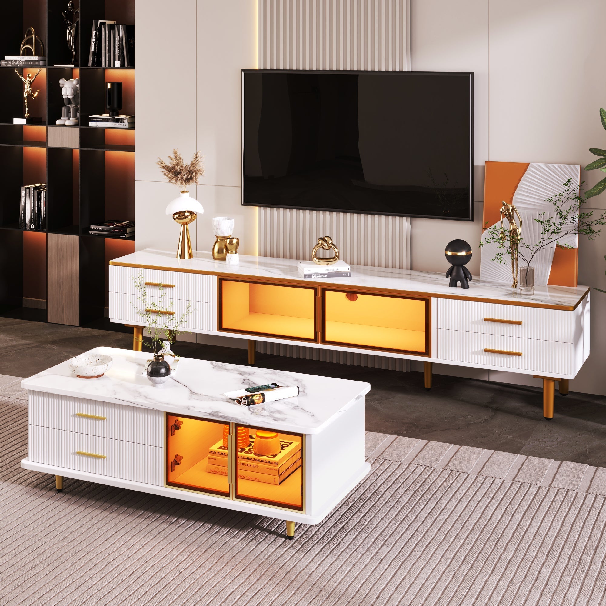 Coffee Table, TV Cabinet, Modular Living Room Furniture with Tempered Glass Door, Aluminum Alloy Frame, Wave Texture Drawers, Gold Handles and Legs, Marble Texture Tabletop
