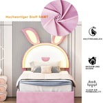 Children's Upholstered Bed, Multifunctional Single/Sofa Bed with Pull-Out Bed, Storage Drawer & LED Light, Pink Velvet