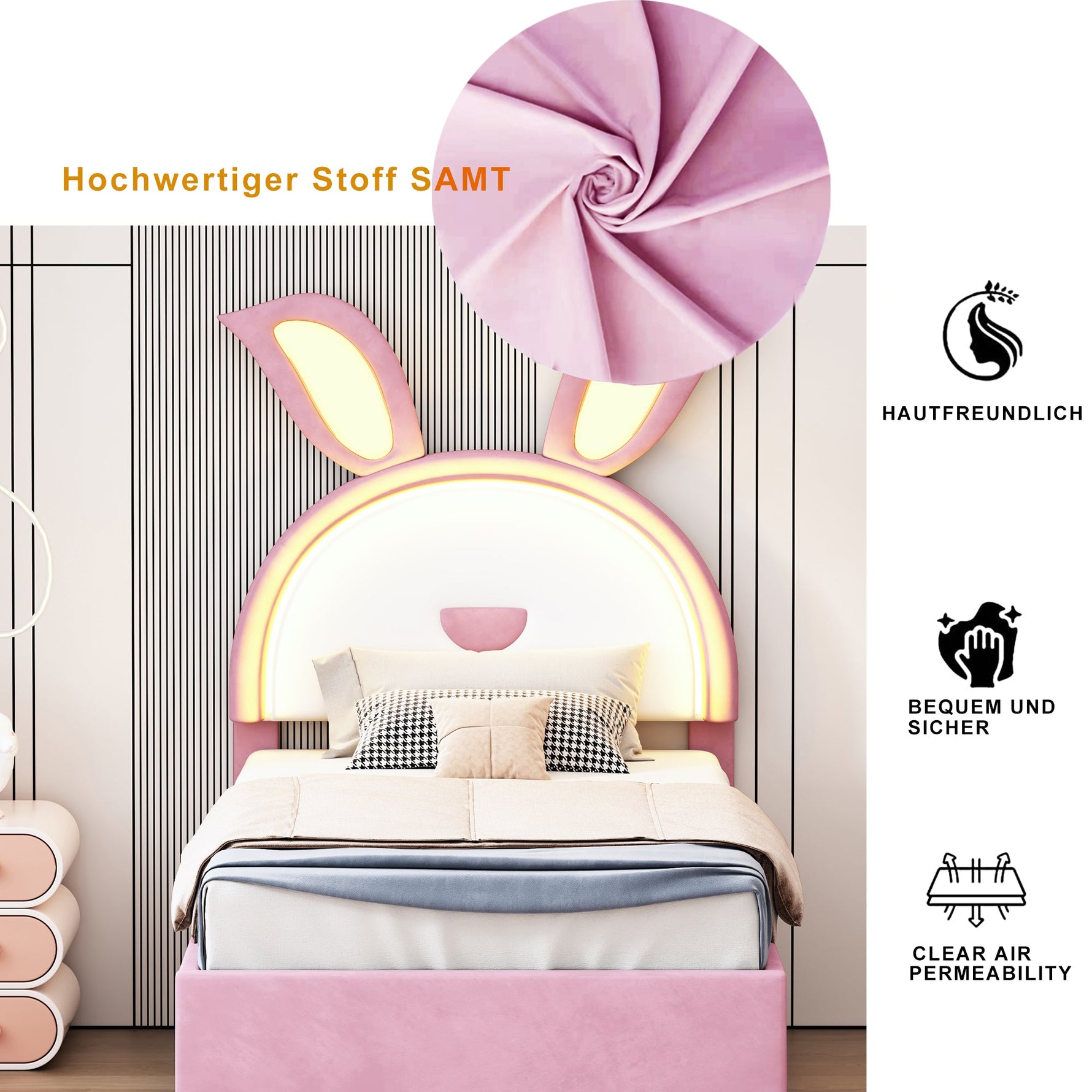 Children's Upholstered Bed, Multifunctional Single/Sofa Bed with Pull-Out Bed, Storage Drawer & LED Light, Pink Velvet