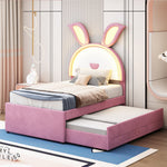 Children's Upholstered Bed, Multifunctional Single/Sofa Bed with Pull-Out Bed, Storage Drawer & LED Light, Pink Velvet