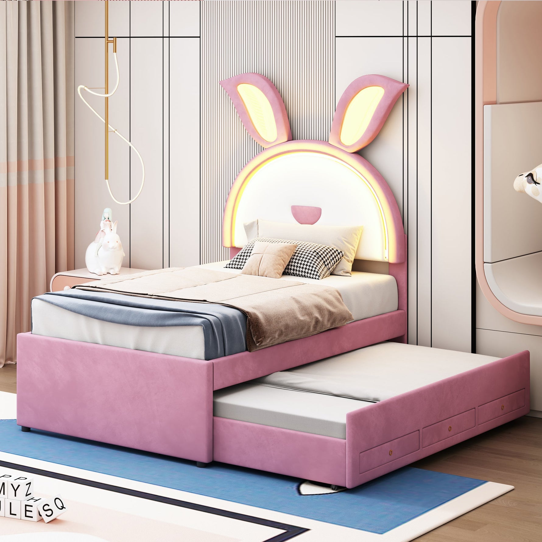 Children's Upholstered Bed, Multifunctional Single/Sofa Bed with Pull-Out Bed, Storage Drawer & LED Light, Pink Velvet