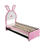 Children's Upholstered Bed, Multifunctional Single/Sofa Bed with Pull-Out Bed, Storage Drawer & LED Light, Pink Velvet