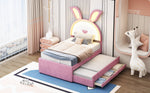 Children's Upholstered Bed, Multifunctional Single/Sofa Bed with Pull-Out Bed, Storage Drawer & LED Light, Pink Velvet