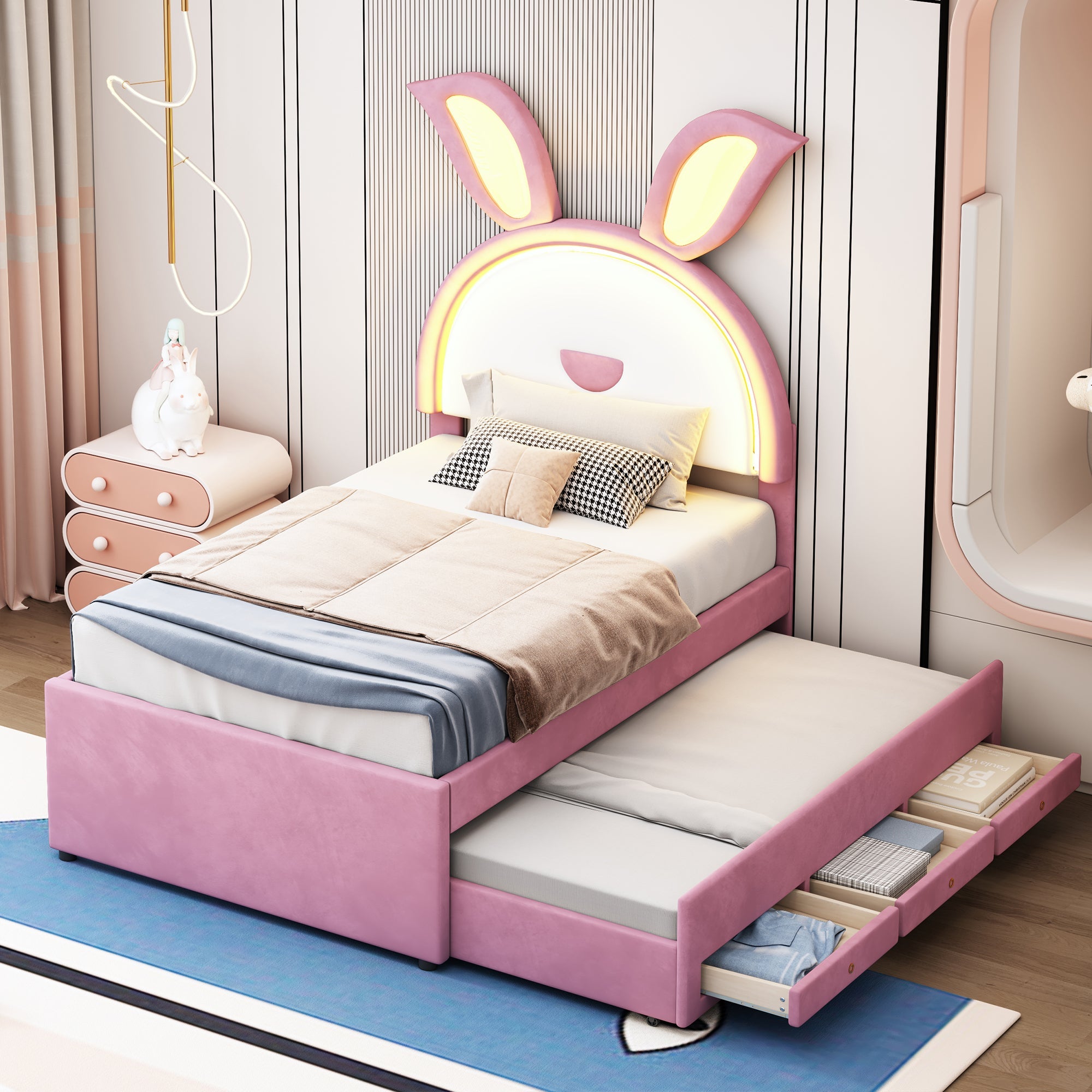 Children's Upholstered Bed, Multifunctional Single/Sofa Bed with Pull-Out Bed, Storage Drawer & LED Light, Pink Velvet