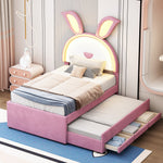 Children's Upholstered Bed, Multifunctional Single/Sofa Bed with Pull-Out Bed, Storage Drawer & LED Light, Pink Velvet