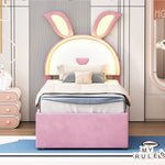 Children's Upholstered Bed, Multifunctional Single/Sofa Bed with Pull-Out Bed, Storage Drawer & LED Light, Pink Velvet