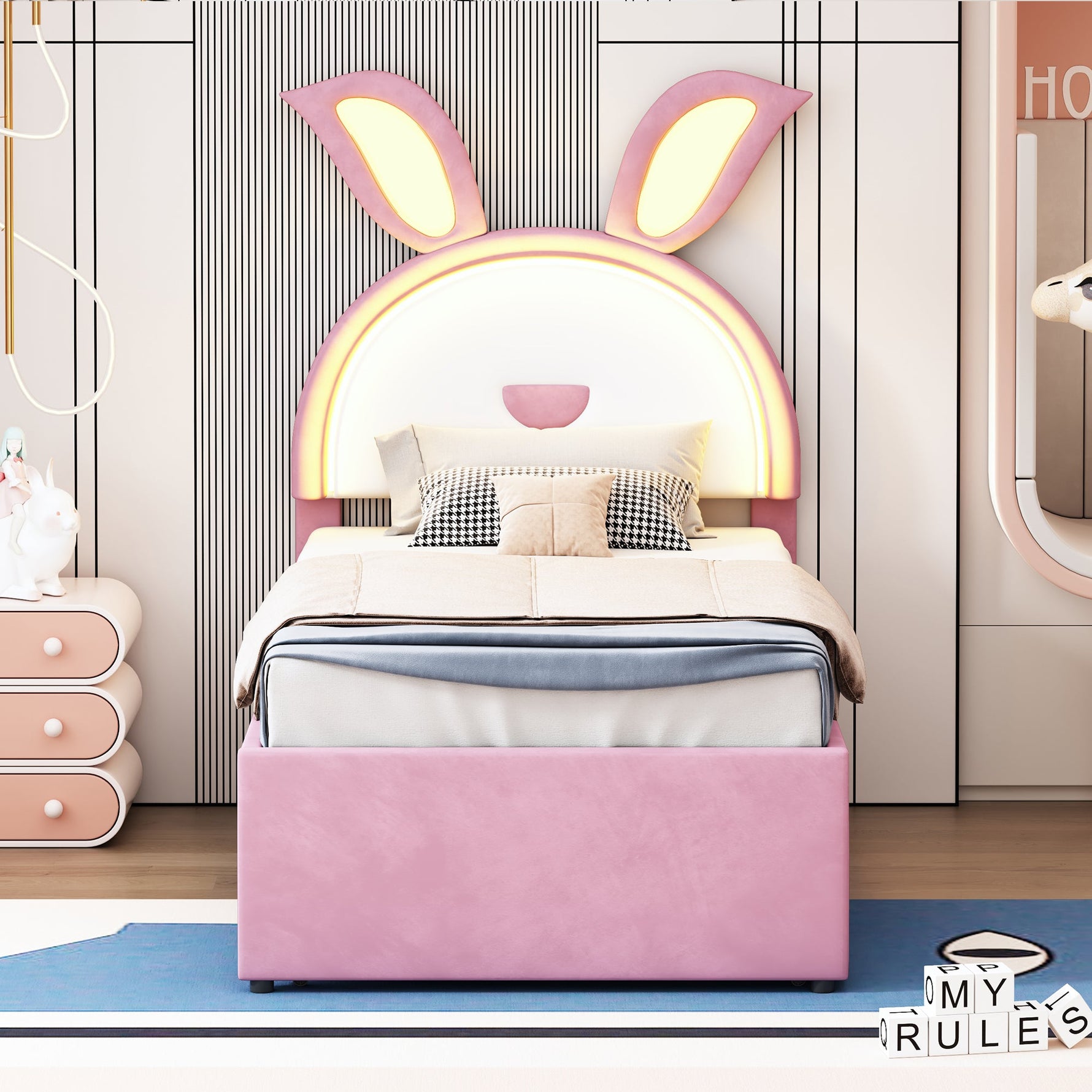Children's Upholstered Bed, Multifunctional Single/Sofa Bed with Pull-Out Bed, Storage Drawer & LED Light, Pink Velvet
