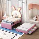 Children's Upholstered Bed, Multifunctional Single/Sofa Bed with Pull-Out Bed, Storage Drawer & LED Light, Pink Velvet