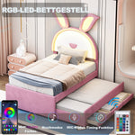Children's Upholstered Bed, Multifunctional Single/Sofa Bed with Pull-Out Bed, Storage Drawer & LED Light, Pink Velvet