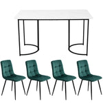 Dining Set 5-Piece 140x80cm Table White MDF Black Metal Legs Dark Green Velvet