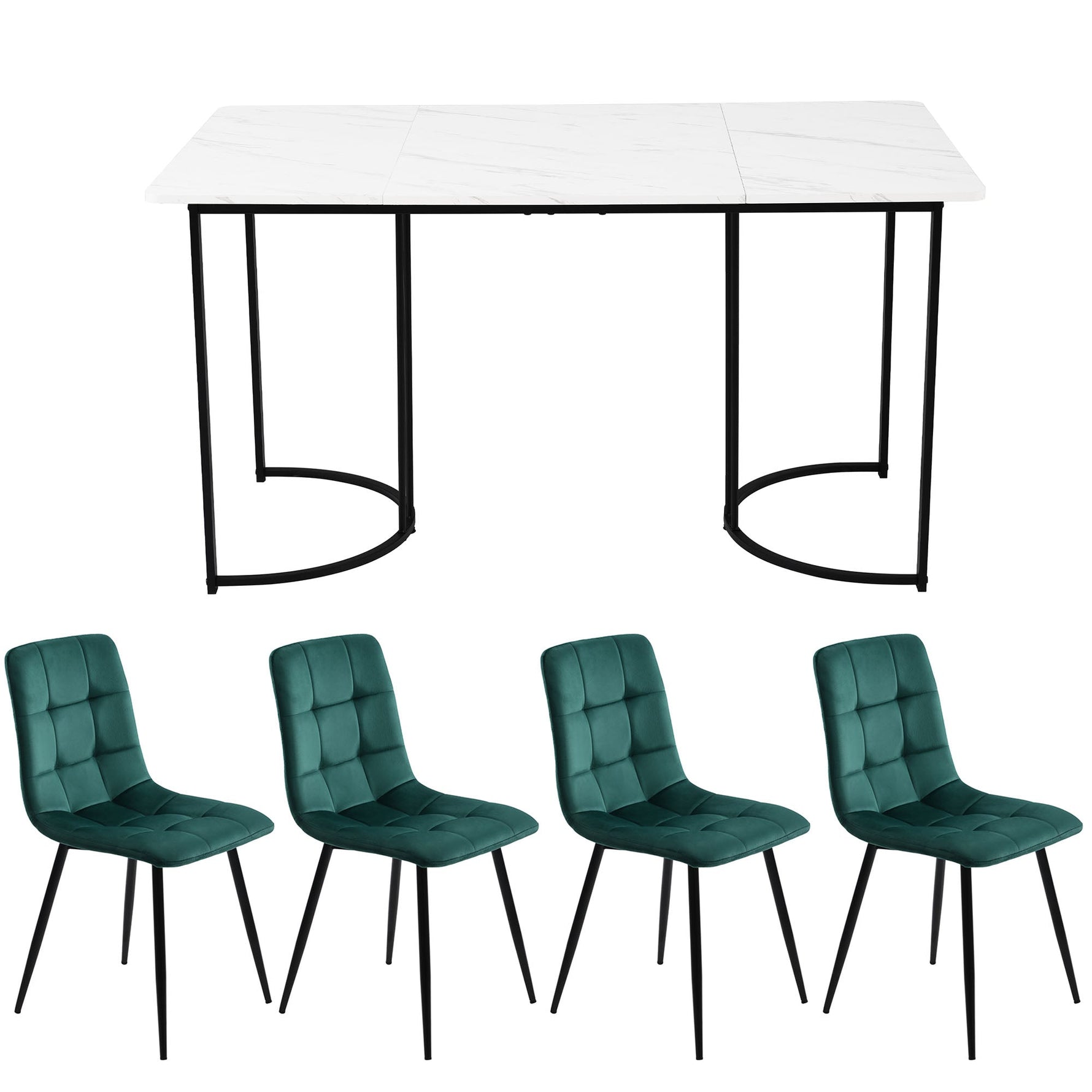 Dining Set 5-Piece 140x80cm Table White MDF Black Metal Legs Dark Green Velvet