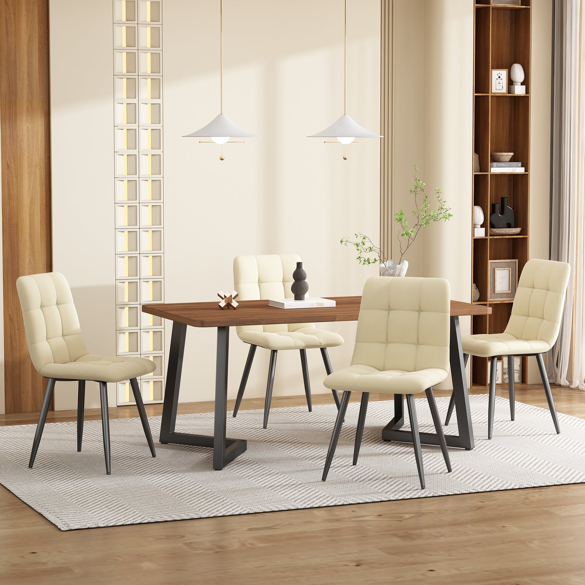 5-Piece Dining Set Modern Wood Grain Table 4 Chairs Black Metal Walnut/Beige Velvet