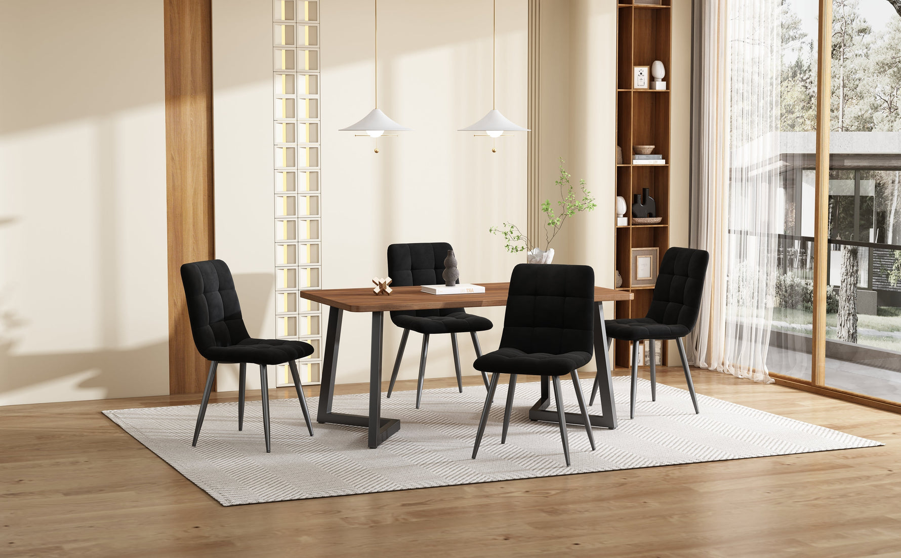 5-Piece Dining Set Modern Wood Grain Table Black Metal Legs Black Velvet