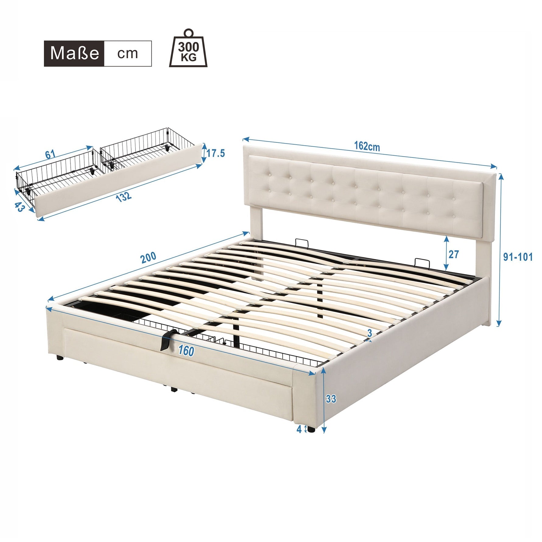 Upholstered Double Bed 160x200cm Storage Box Drawers Slatted Frame - Velvet Beige