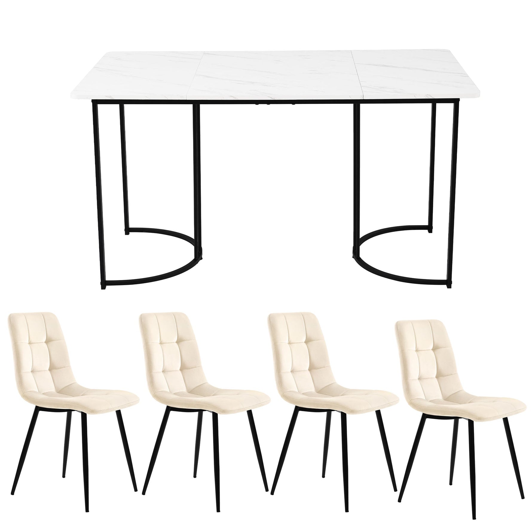 5-Piece Dining Set 140x80cm Modern Kitchen Table 4 Chairs White MDF Beige Velvet