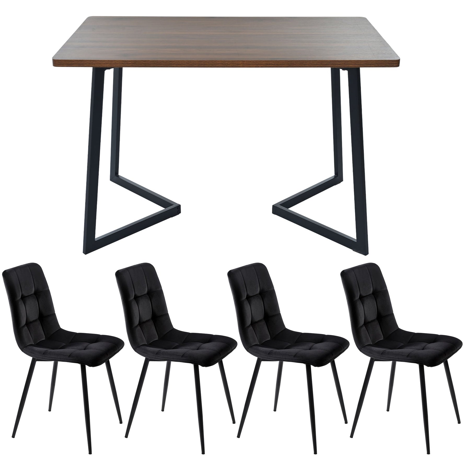 5-Piece Dining Set Modern Wood Grain Table Black Metal Legs Black Velvet