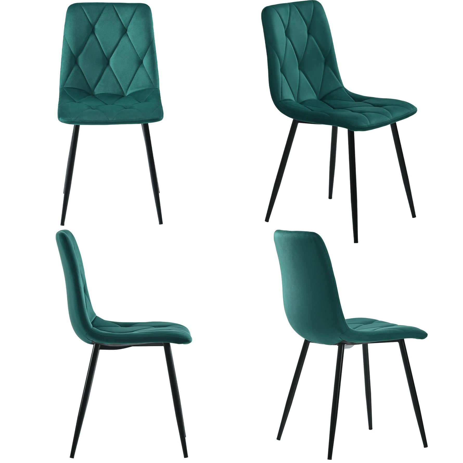 Dining Table Set 5-Piece Round Marble 4 Chairs Black Metal Legs Green Suede