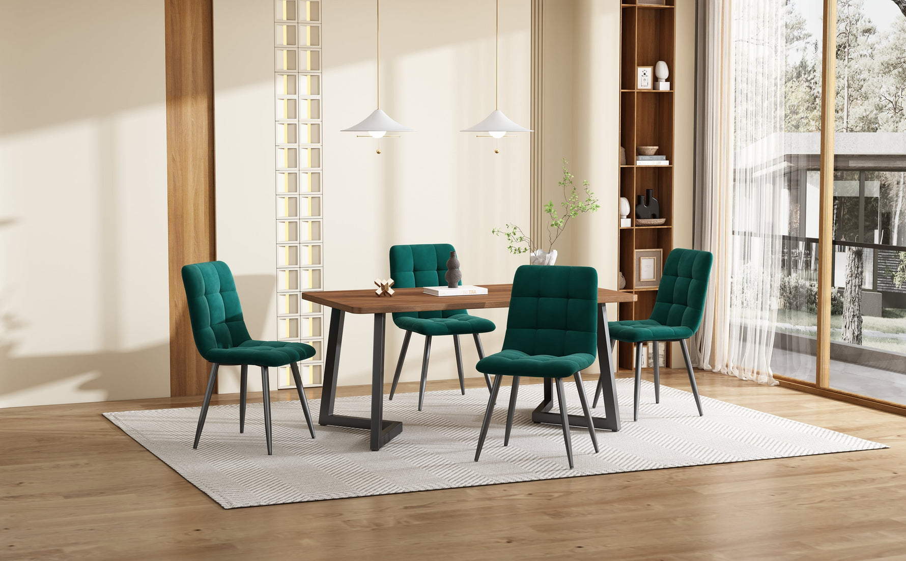 5-Piece Dining Set, Modern Kitchen Table & 4 Chairs, Walnut MDF & Dark Green Velvet