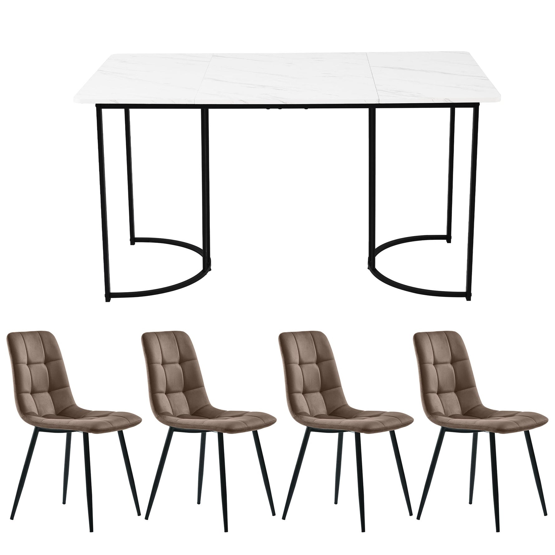 5-Piece Dining Set 140x80cm Modern Kitchen Table 4 Chairs White MDF/Brown Velvet