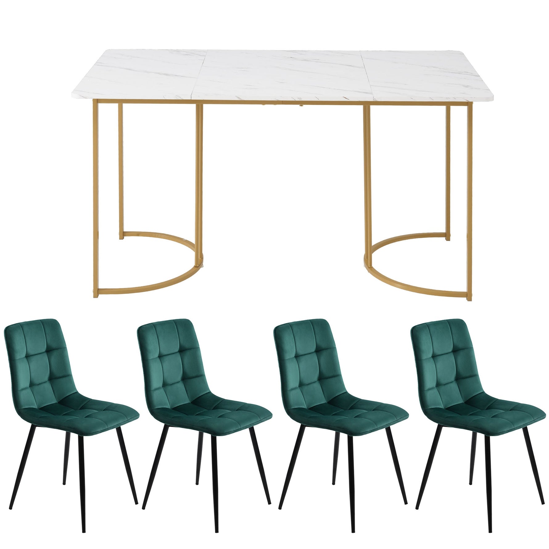 5-Piece Dining Set Modern 140x80cm Table 4 Chairs Gold Metal White MDF/Dark Green Velvet