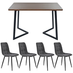 5-Piece Dining Set Modern Kitchen Table Wood Grain MDF, 4 Dark Gray Linen Chairs, Walnut/Black Metal