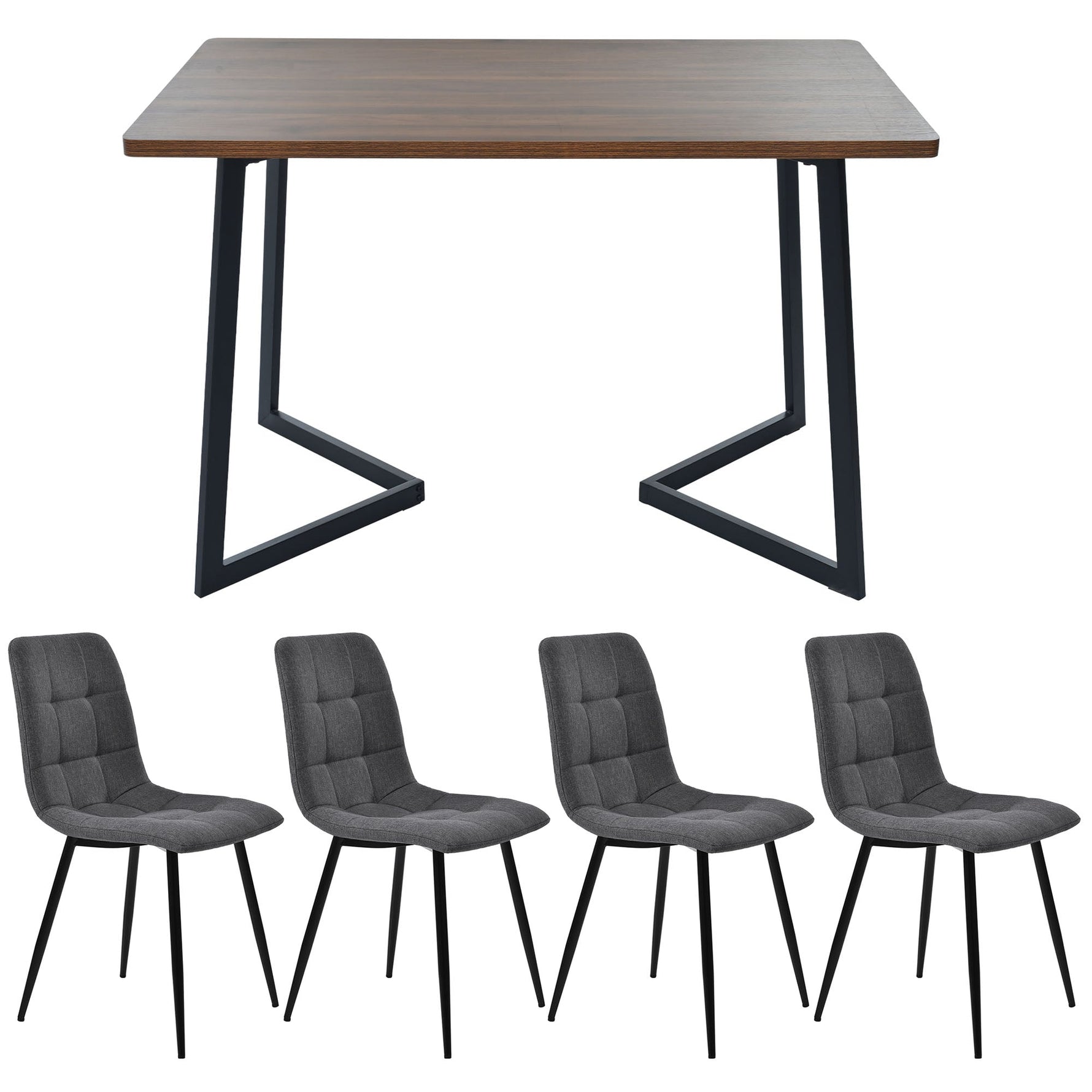 5-Piece Dining Set Modern Kitchen Table Wood Grain MDF, 4 Dark Gray Linen Chairs, Walnut/Black Metal