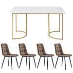 5-Piece Dining Set Modern 140x80cm Table 4 Chairs Gold Legs White MDF Brown Velvet