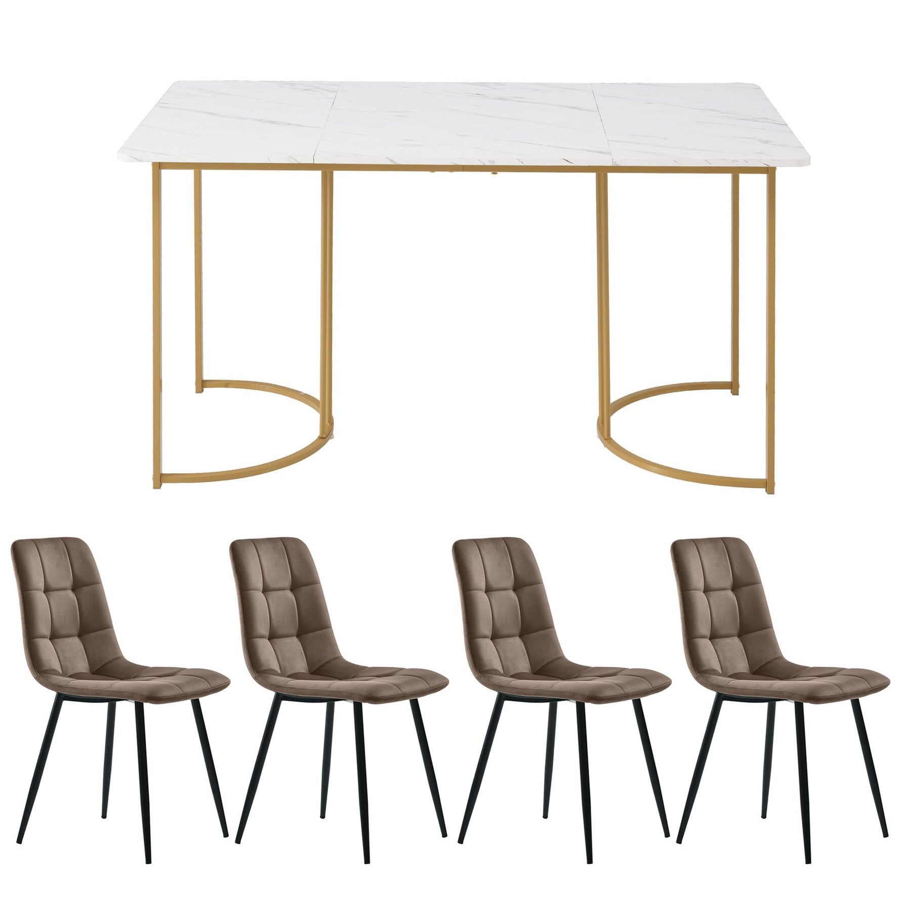 5-Piece Dining Set Modern 140x80cm Table 4 Chairs Gold Legs White MDF Brown Velvet
