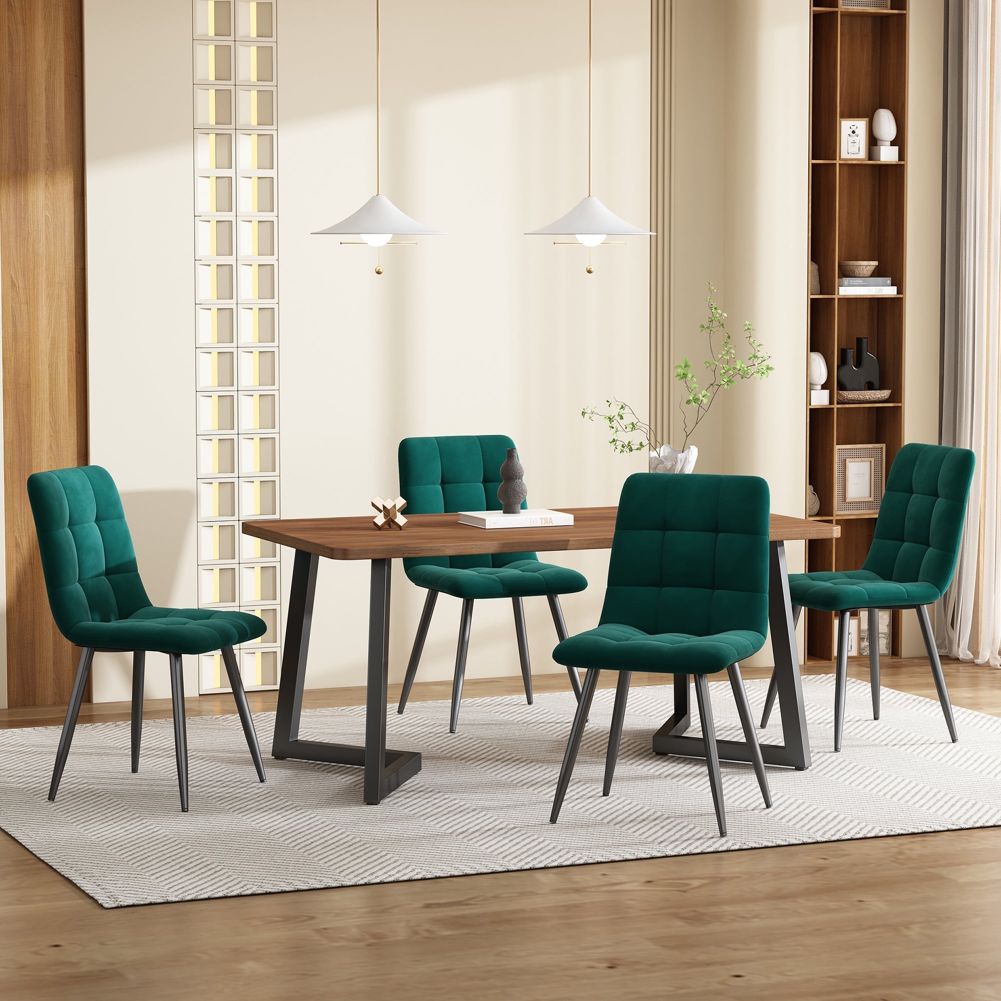 5-Piece Dining Set, Modern Kitchen Table & 4 Chairs, Walnut MDF & Dark Green Velvet