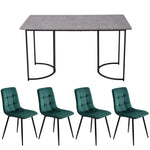 5-Piece Dining Set Modern 140x80cm Table Black Metal Legs - Grey MDF Dark Green Velvet