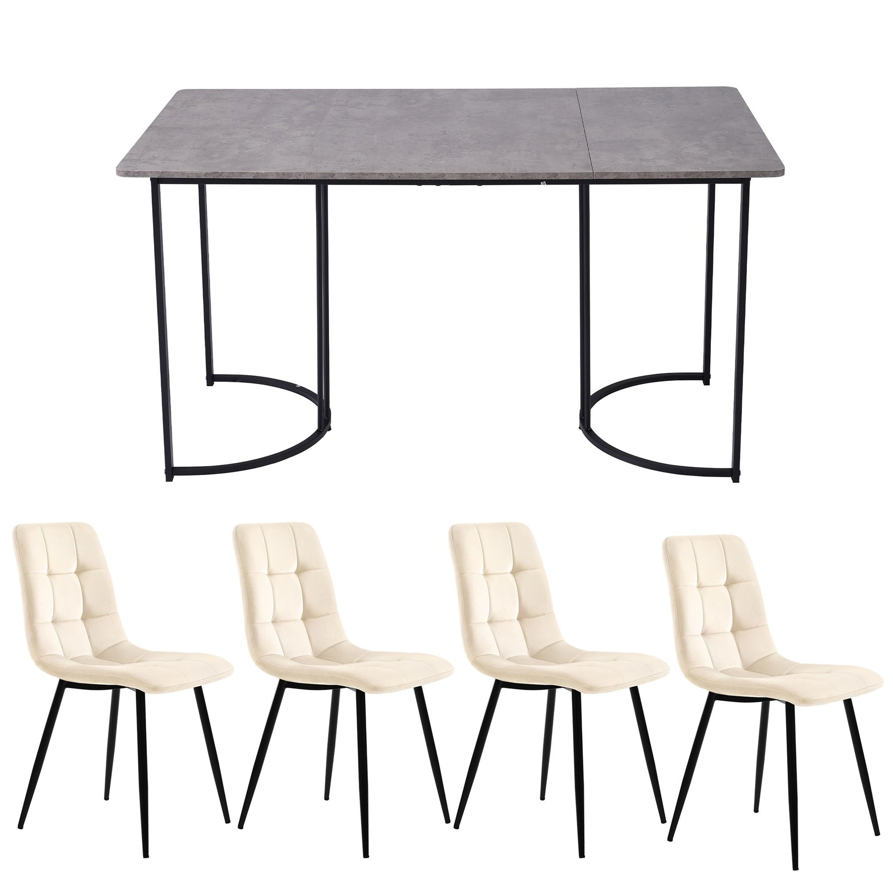 5-Piece Dining Set 140x80cm Table 4 Chairs Grey MDF Beige Velvet