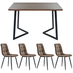 5-Piece Dining Set Modern Kitchen Table with 4 Chairs Black Metal, Walnut MDF & Brown Velvet
