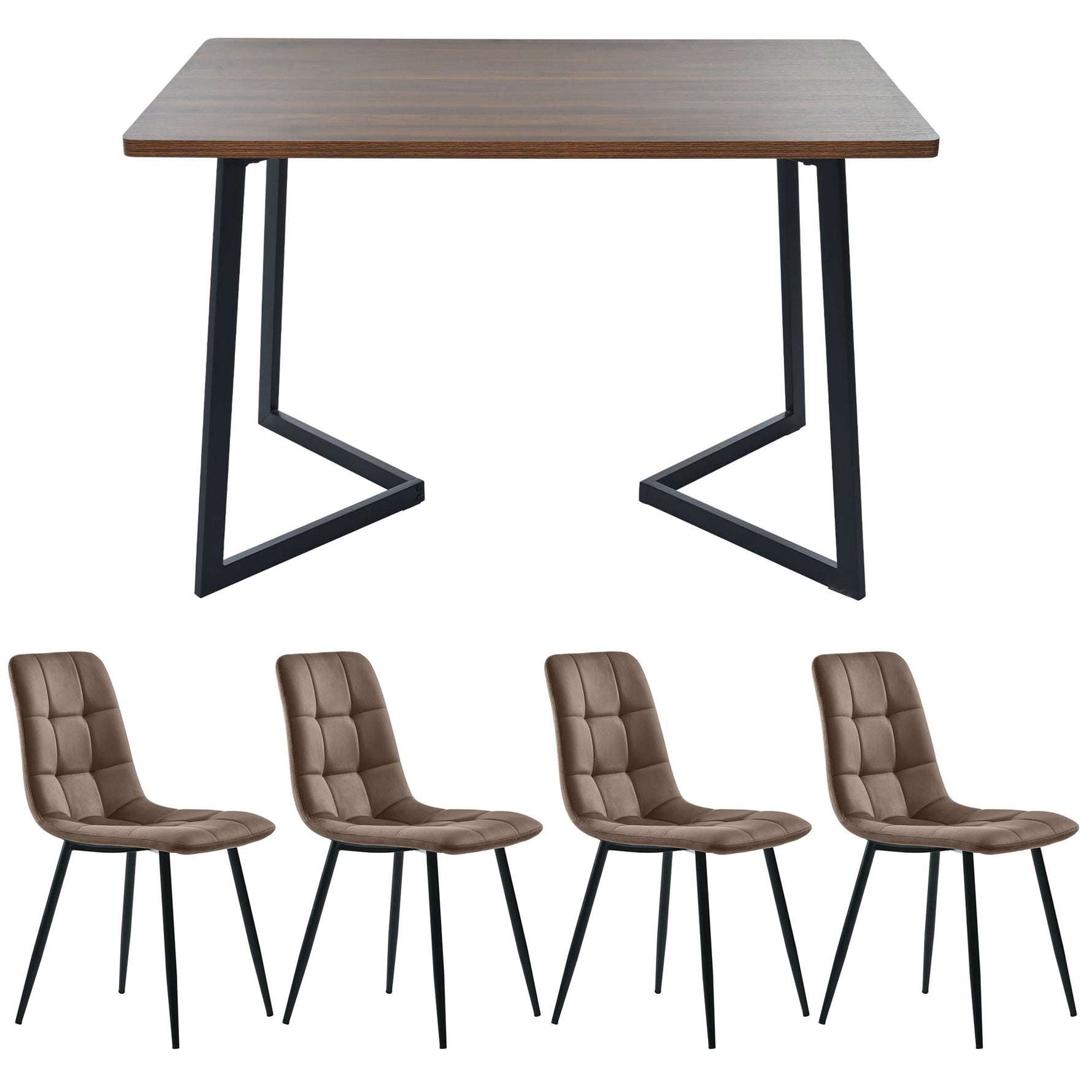 5-Piece Dining Set Modern Kitchen Table with 4 Chairs Black Metal, Walnut MDF & Brown Velvet