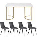 5-Piece Dining Set 140x80cm Table 4 Chairs Gold Metal Legs White MDF Dark Grey Linen