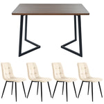 5-Piece Dining Set Modern Wood Grain Table 4 Chairs Black Metal Walnut/Beige Velvet