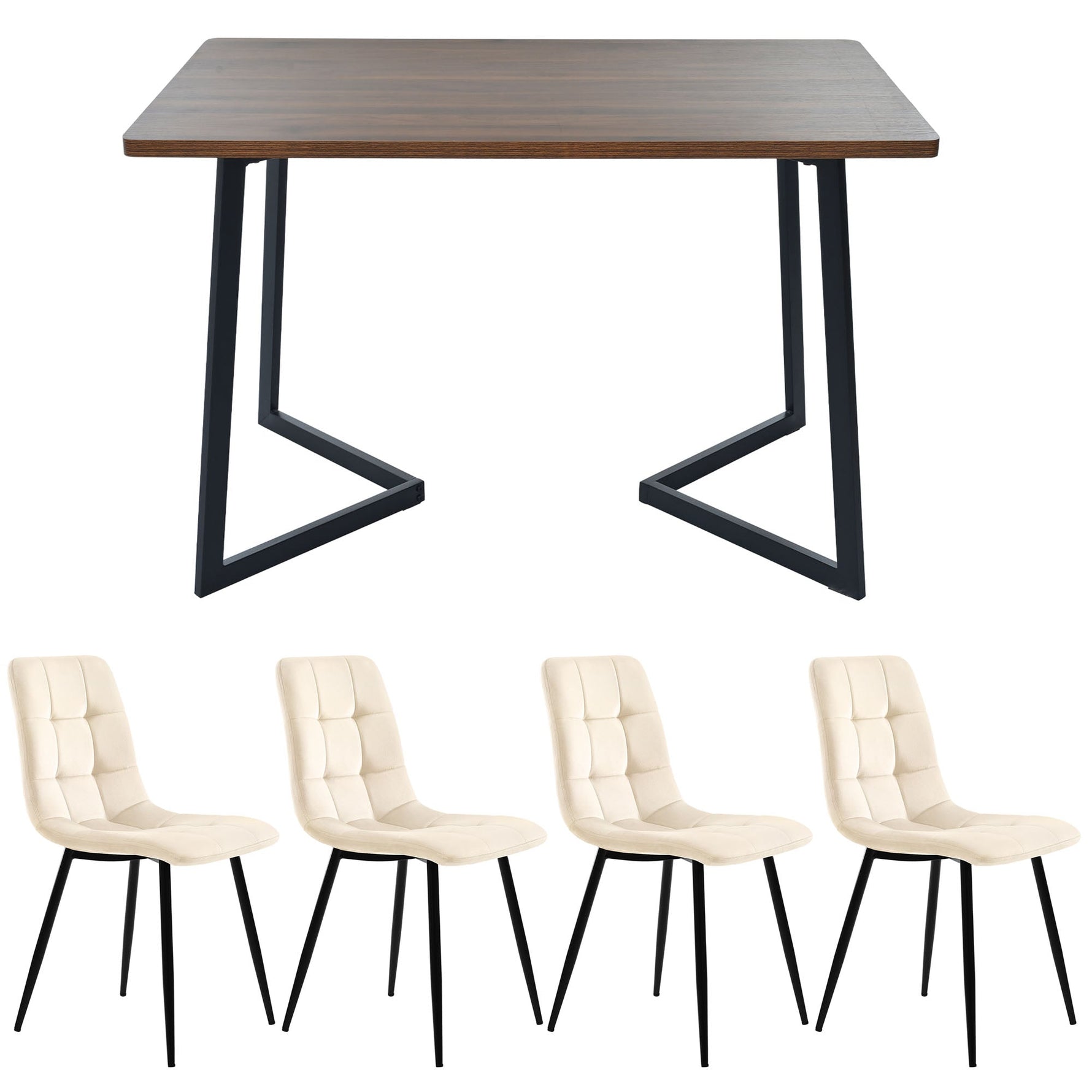 5-Piece Dining Set Modern Wood Grain Table 4 Chairs Black Metal Walnut/Beige Velvet