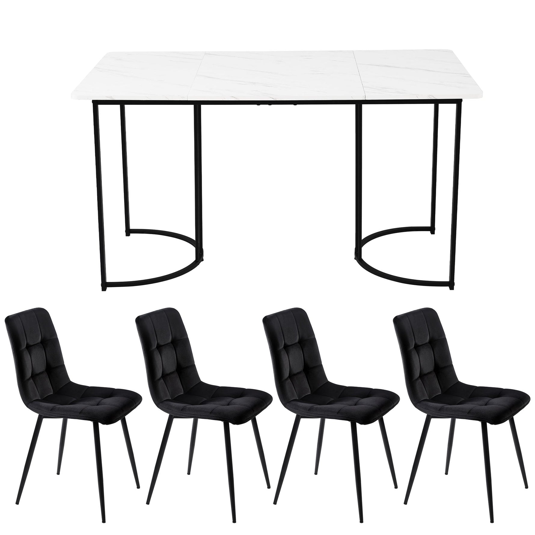 5-Piece Dining Set Modern 140x80cm Black Metal Legs White MDF/Black Velvet