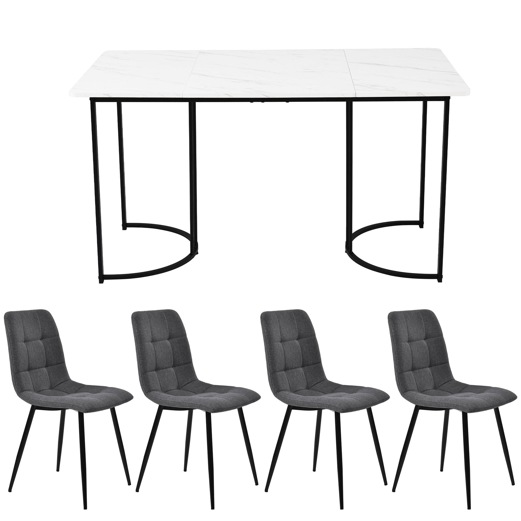 Dining Set 5-Piece 140x80cm Modern Kitchen 4 Chairs Black Legs - White MDF Dark Grey Linen