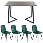 5-Piece Dining Set, Modern Kitchen Table & 4 Chairs, Walnut MDF & Dark Green Velvet