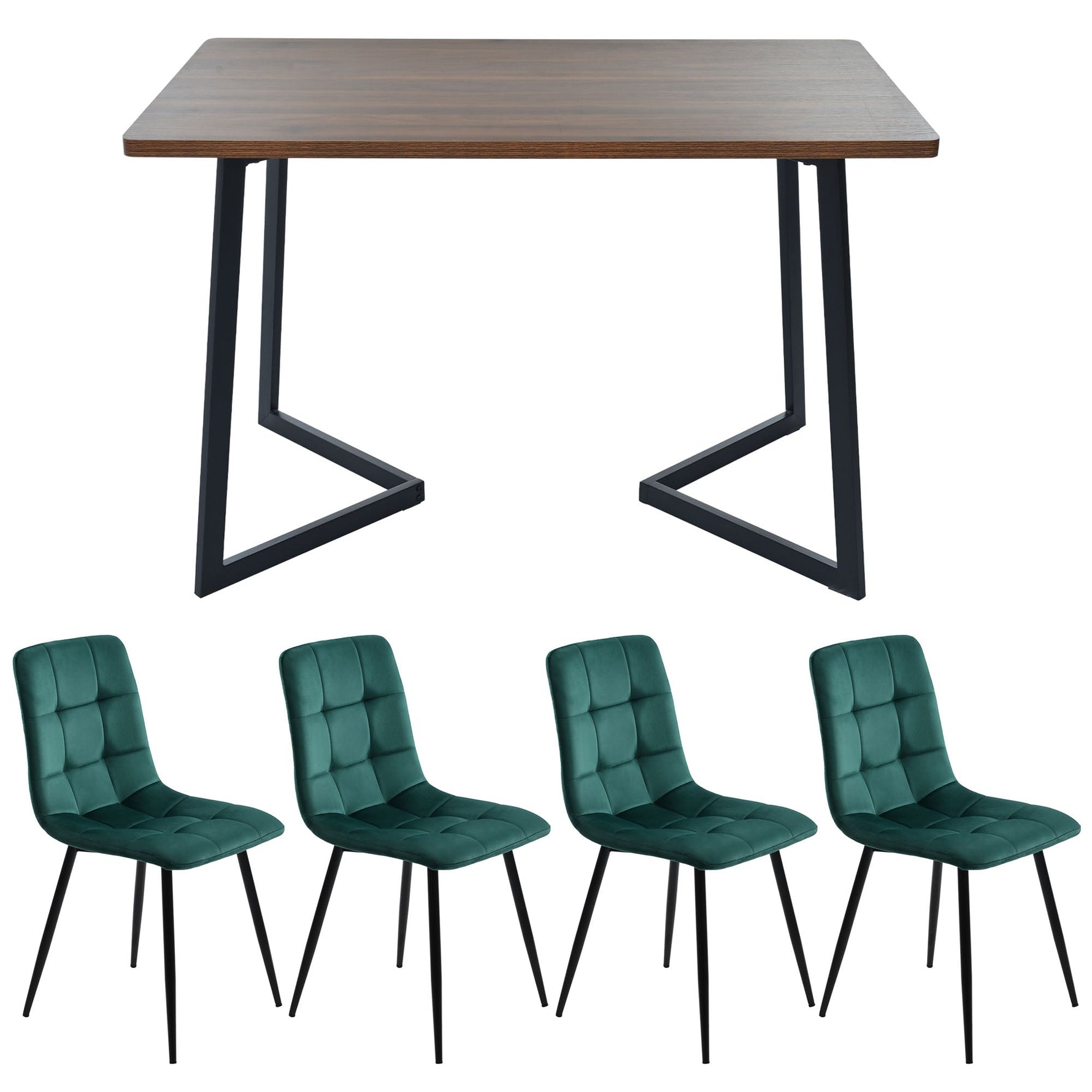 5-Piece Dining Set, Modern Kitchen Table & 4 Chairs, Walnut MDF & Dark Green Velvet