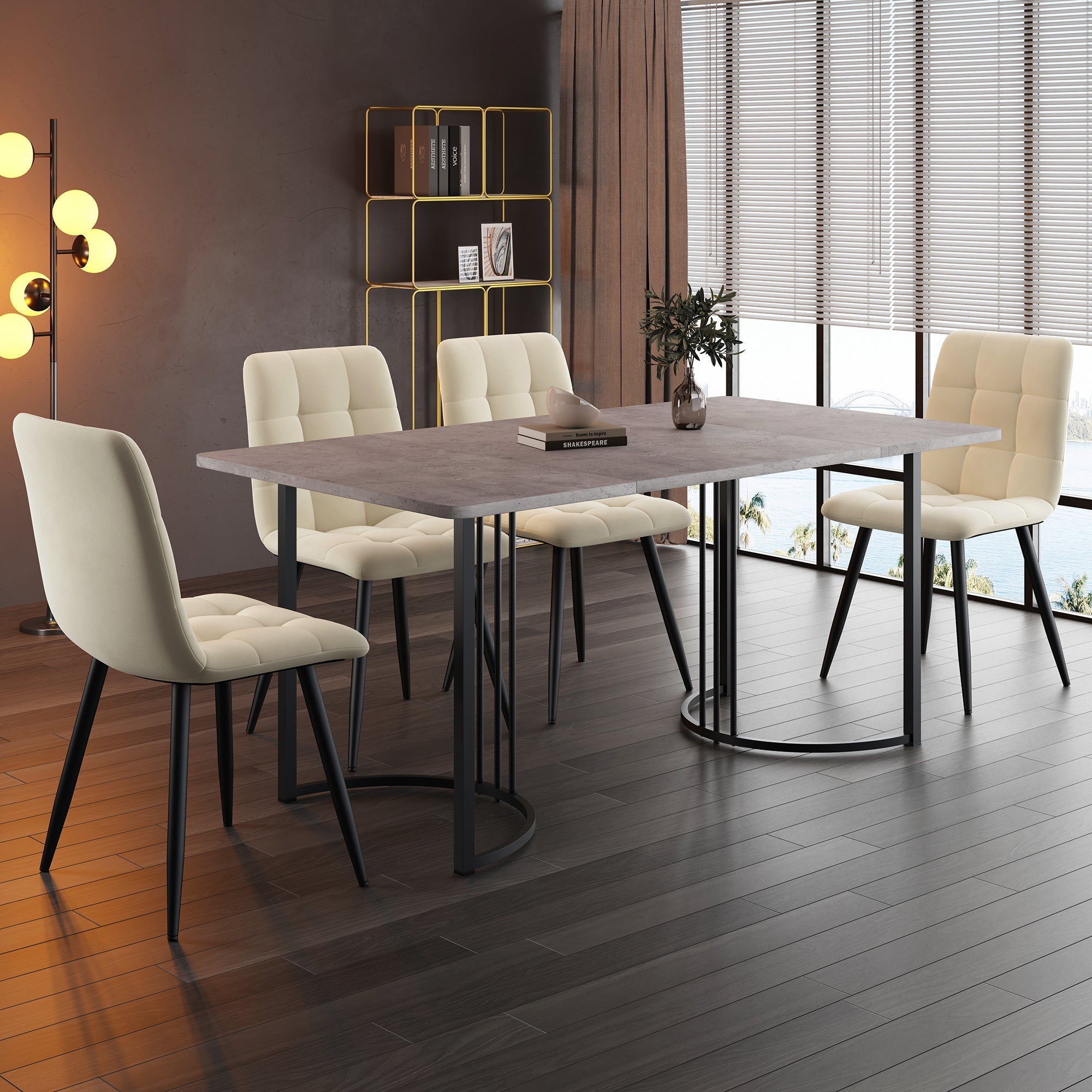 5-Piece Dining Set 140x80cm Table 4 Chairs Grey MDF Beige Velvet