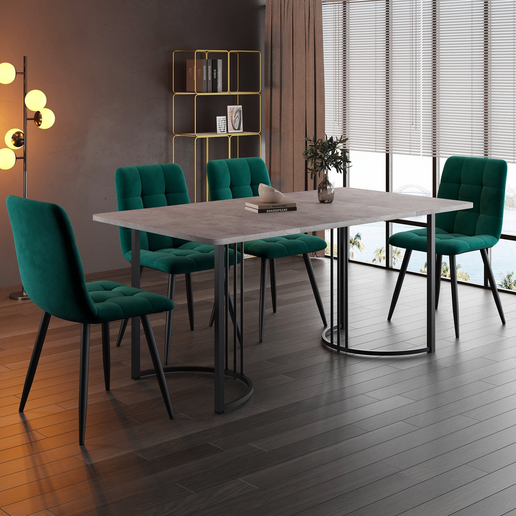 5-Piece Dining Set Modern 140x80cm Table Black Metal Legs - Grey MDF Dark Green Velvet
