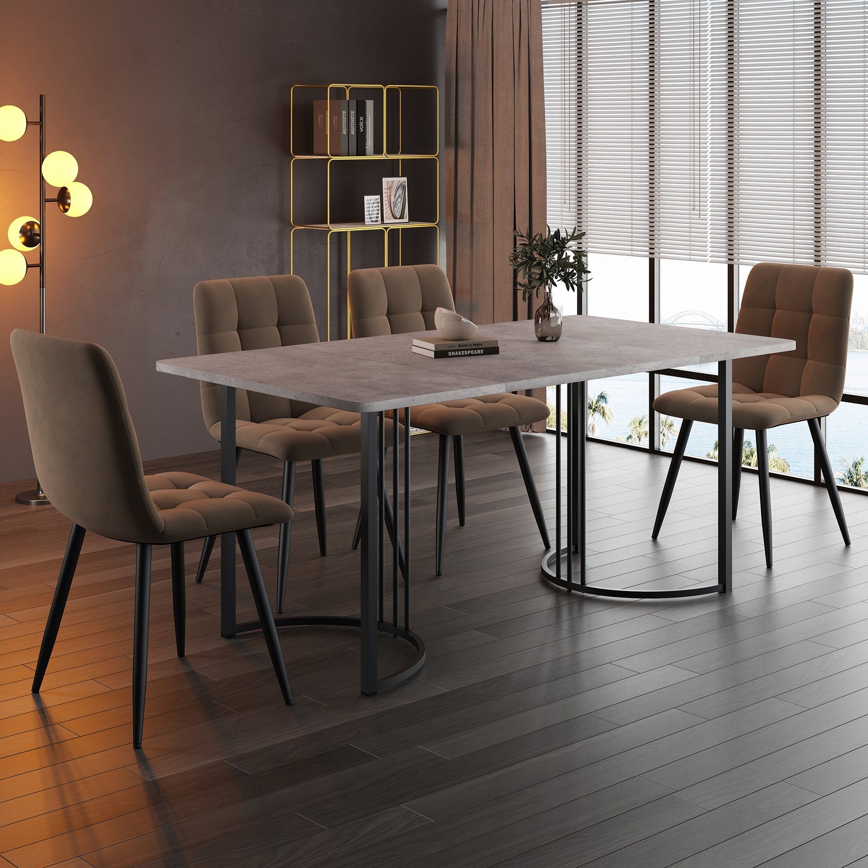 Dining Set 5-Piece 140x80cm Table & 4 Chairs Black Metal Grey MDF, Brown Velvet