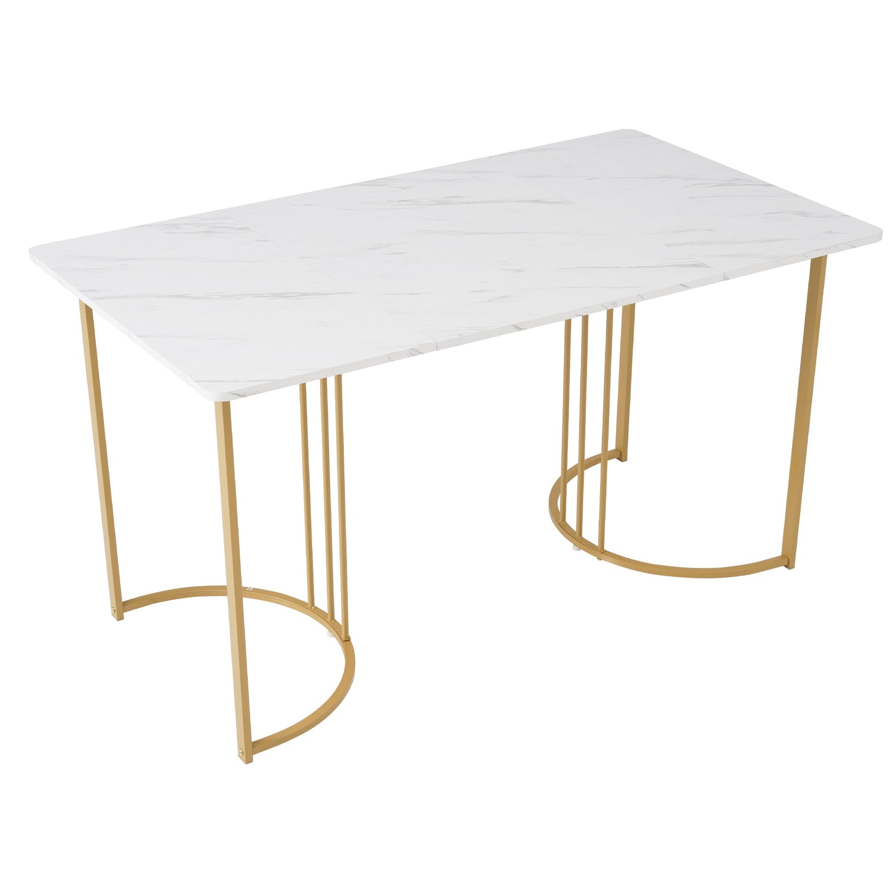 5-Piece Dining Set 140x80cm Table 4 Chairs Gold Metal Legs White MDF Dark Grey Linen